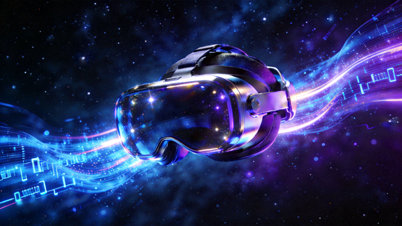 科幻风格的VR头盔悬浮在星空中，周围环绕着流动的数据粒子与光线